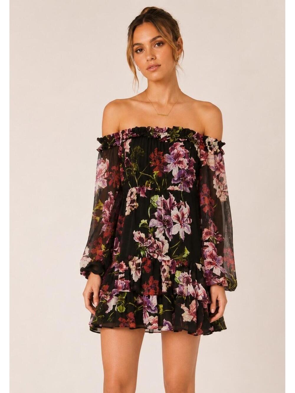Intermix Silk Blend Floral Mini Dress Petite P Black Ruffle Long Sleeve